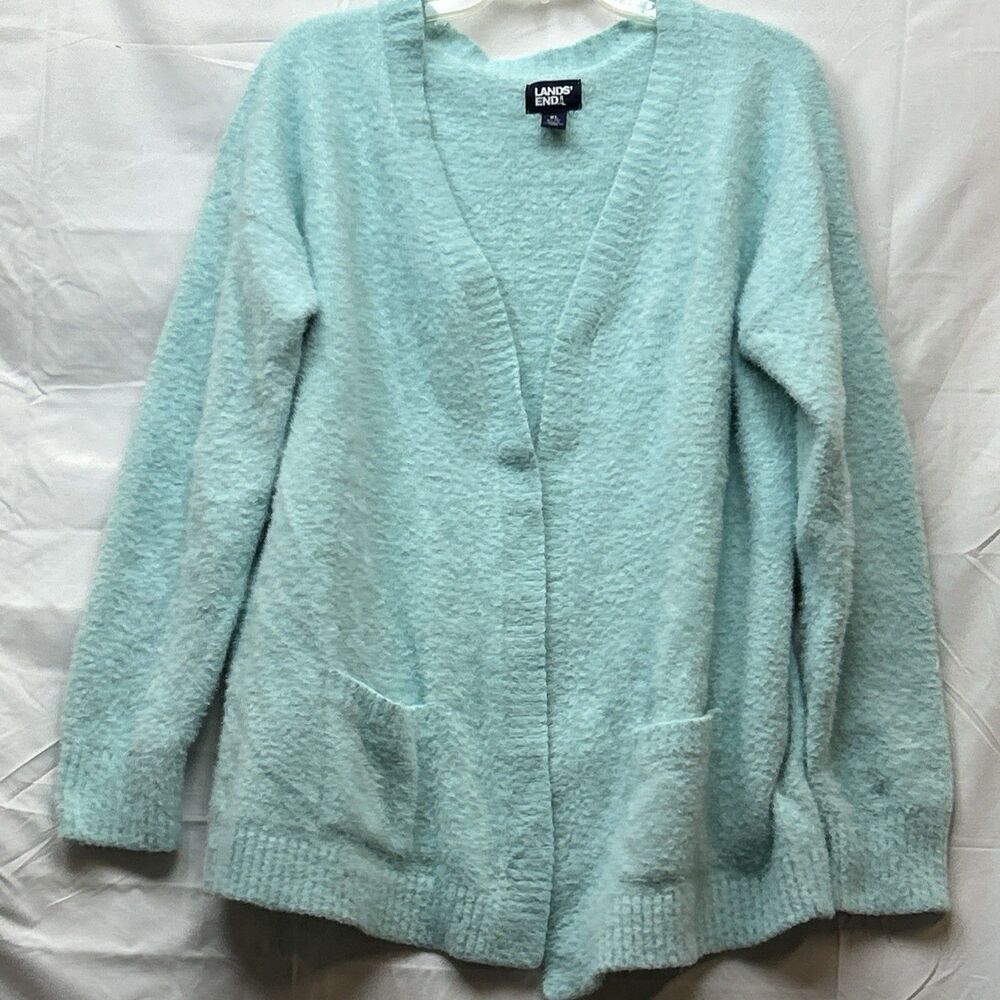 Lands End Womens XL Aqua Fuzzy Textured Open Front Cardigan Sweater Pockets